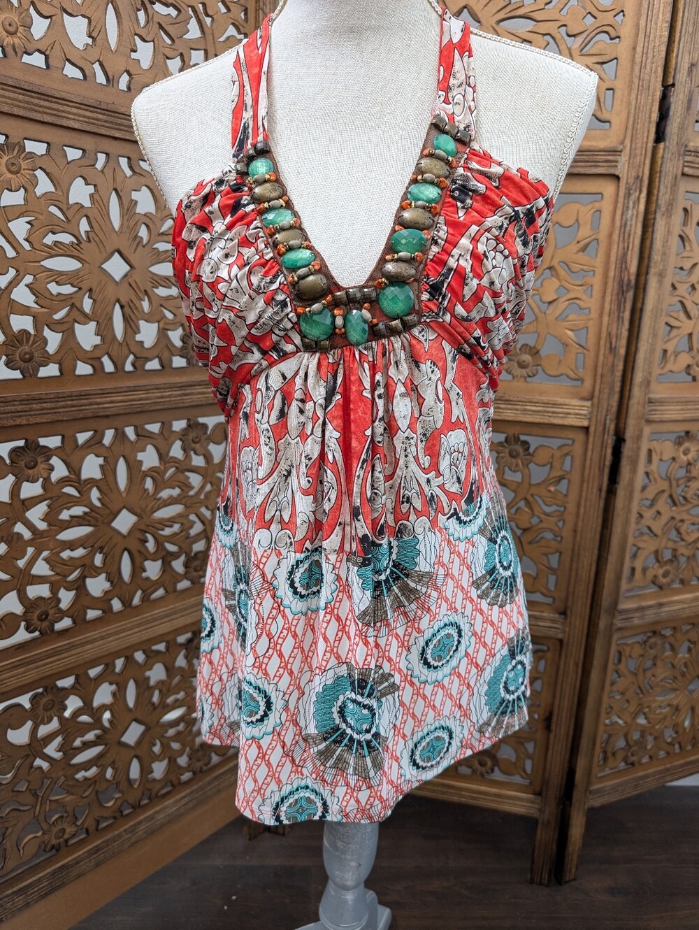 VENUS Coral and Teal Beaded Halter Camisole